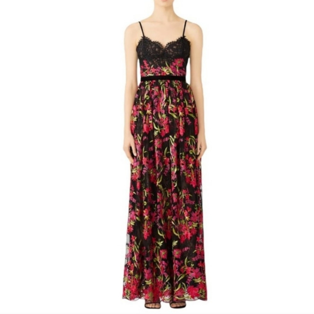 Marchesa Notte Black Lace Floral Embroidered A-line Full Length Formal Gown 6